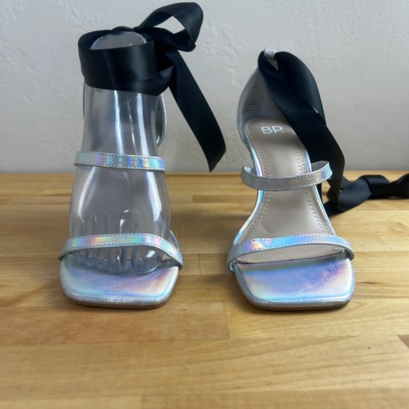 BP Silver Holographic Square Toe Bow‎ Heels Ribbon Ankle Strap Sandals Size 7.5 - Picture 4 of 10